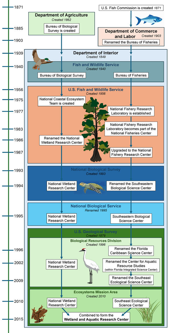 A vertical timeline tracking the history of the USGS Wetland and Aquatic Research Center