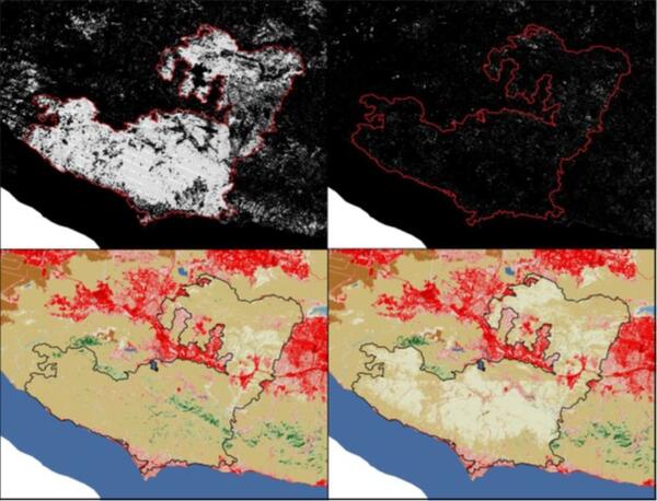 Four separate graphics of the Woolsey Fire depicting the fire in Annual NLCD products.
