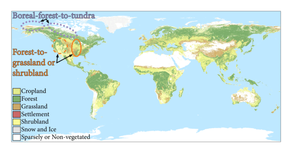 World map with vegetation types for 2020, with areas of land change in North America circled