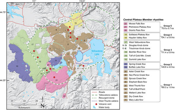 Map of Yellowstone caldera showing the locations and ages of the most recent rhyolite eruptions at Yellowstone, the Central Plateau Member rhyolites