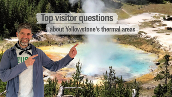Smiling man in blue shirt pointing at rainbow-colored hot spring with text "Top Visitor Questions"
