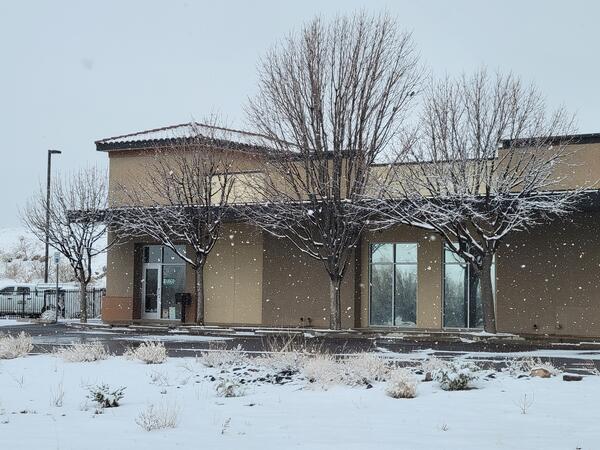 A snow-covered building during a light winter storm