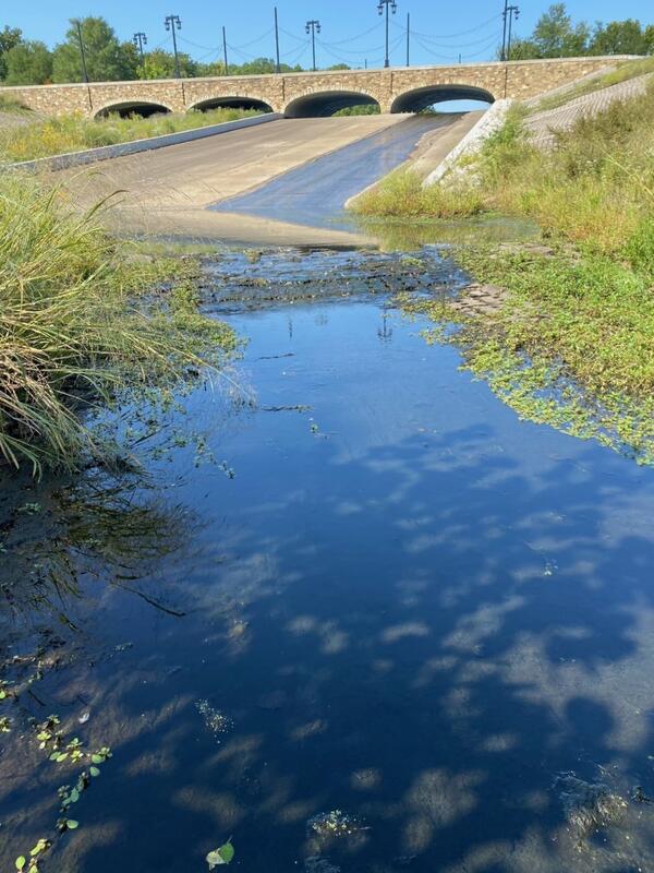 View of stream looking towards bridge overpass