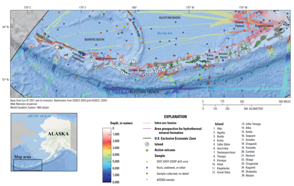A map showing active volcanoes along the Aleutian Arc