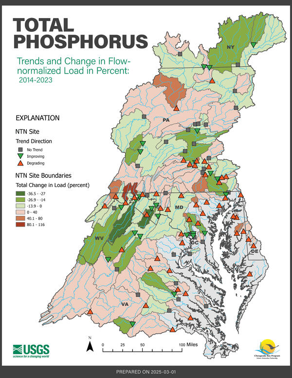 Map of the Chesapeake Bay Nontidal Network showing Total Phosphorus trends and changes in flow-normalized load, 2014-2023