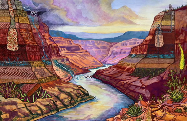 Gouache painting is a generalized schematic view through the Grand Canyon with the Colorado River in the center