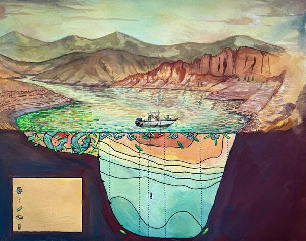 Gouache painting depicting the Blue Mesa Reservoir during a year of low precipitation totals