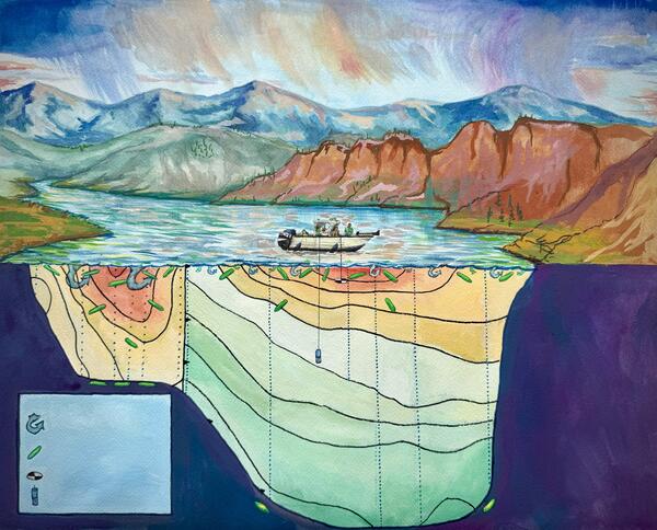 Gouache painting depicting the Blue Mesa Reservoir during a year with relatively greater levels of precipitation