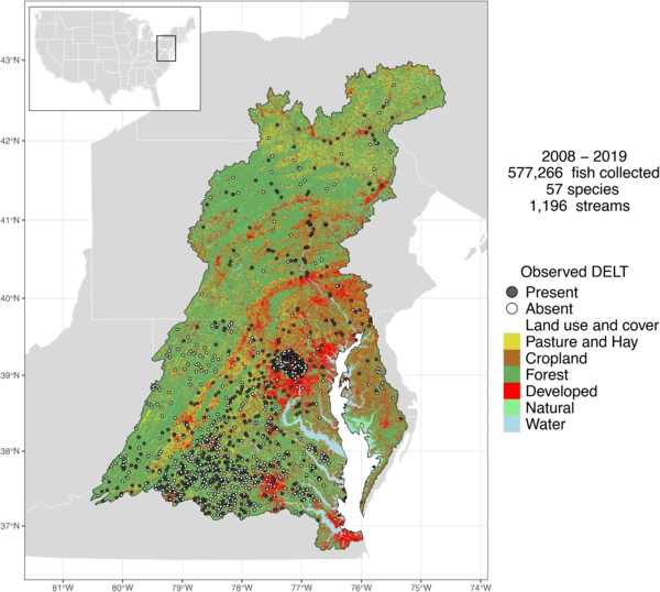 Map of six colors depicting environment type and dots representing observations of DELT