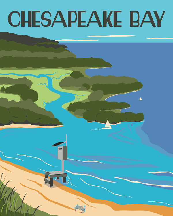 Vintage-style poster of Chesapeake Bay with a USGS gage and blue crab on the shoreline in the foreground and estuaries feeding the bay the background.