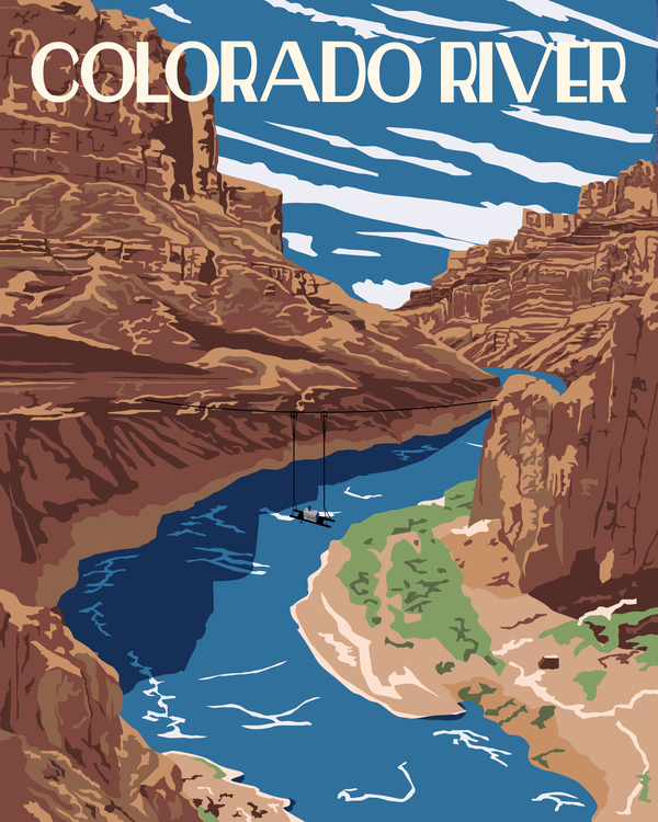 Vintage-style poster of the Colorado River with a USGS water quality monitor portrayed on pulleys across the canyon. 