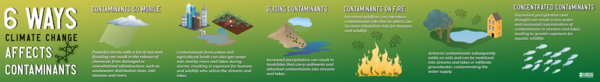 An infographic that describes how climate change impacts the spread of contaminants. 