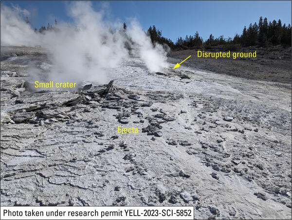 Site of April 15, 2024, hydrothermal explosion on Porcelain Terrace, Norris Geyser Basin, Yellowstone National Park