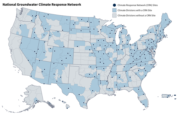 U.S. map showing CRN sites as dots and U.S. Climate Divisions shaded either blue or gray.