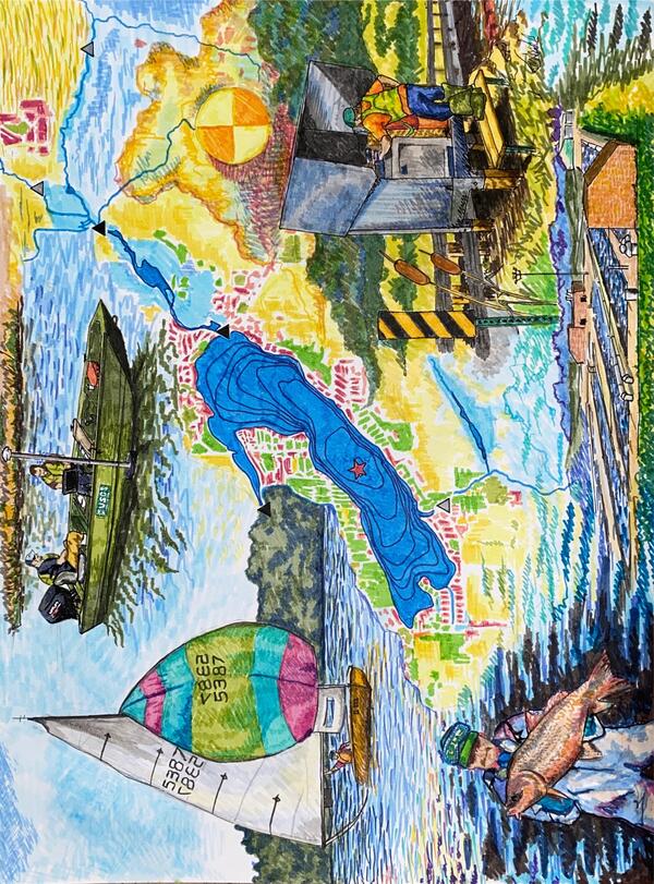 Illustration (ink) depicting Delavan Lake and its dynamic water quality response to watershed changes