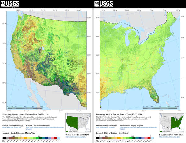 Western and Eastern region eVIIRS Remote Sensing Phenology Start of Season for 2024.