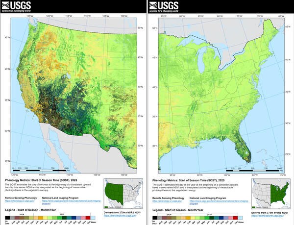 Western and Eastern region eVIIRS Remote Sensing Phenology Start of Season for 2025