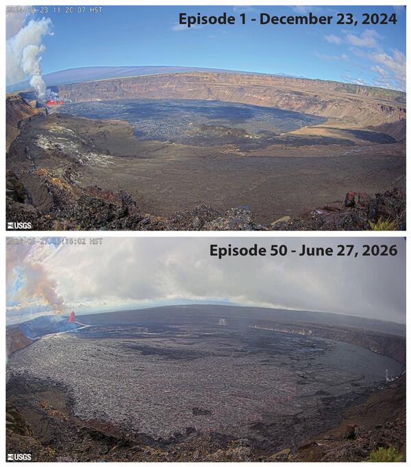 Color photographs of eruption with crater at summit of volcano