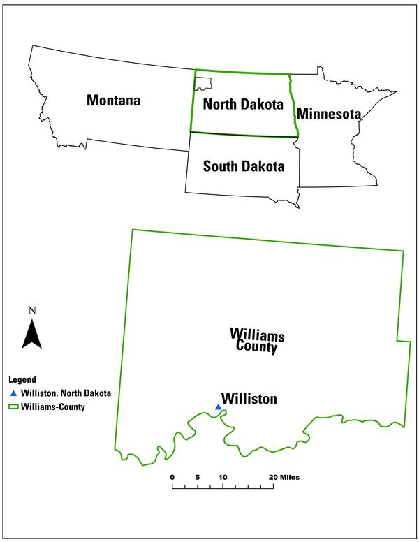 A map of the borders of several states above a map of the border of Williams County, North Dakota, with Williston marked