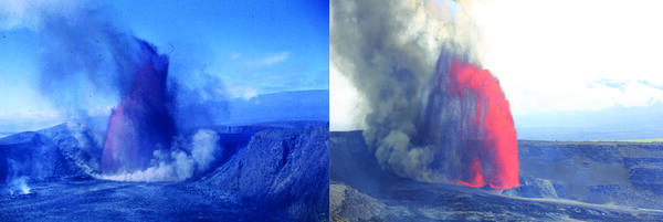 Color photograph of lava fountains in two different eruptions