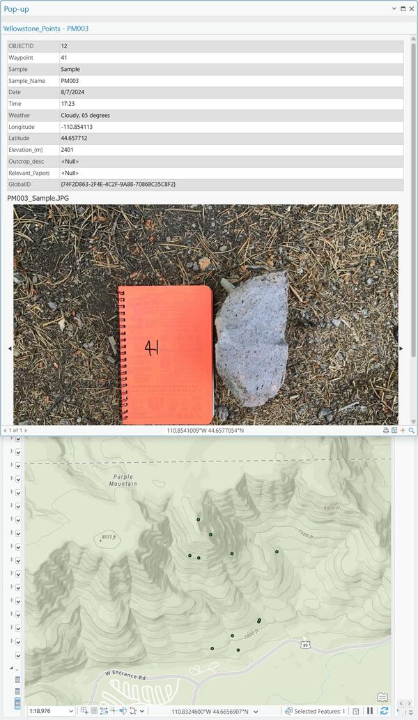 Database entry at top, photo of field book and gray rock in middle, and topographic map with locations noted at bottom