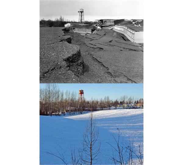 Repeat photo comparing earthquake damage in 1964 and again in 2013. Top photo is black and white and bottom photo in color.