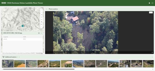 Screenshot of photo viewer with a landslide photo on the right and a map and table showing the location on the left.