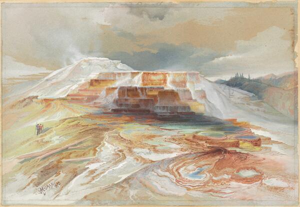 painting of reds, yellows, and blues along a terraced hot spring formation that is barren of vegetation