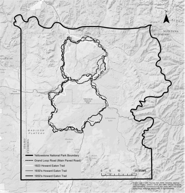 Shaded relief map of Yellowstone showing a figure-8 pattern of loops that represent the Howard Eaton trail pathway
