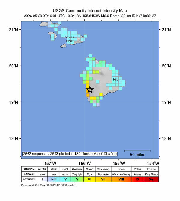 Color graphic showing intensity of earthquake shaking from felt reports