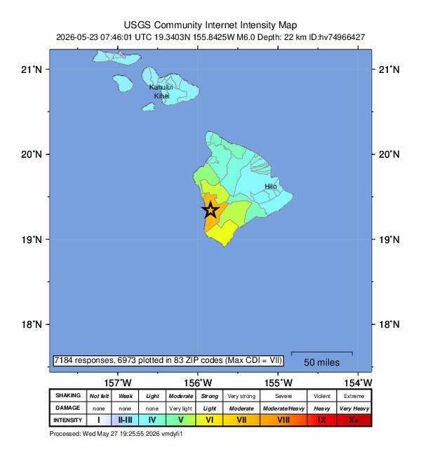 Color graphic showing intensity of earthquake shaking from felt reports 