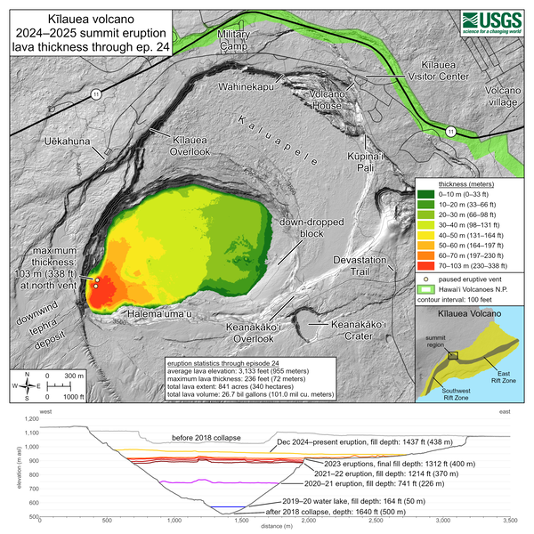 Color map showing lava thickness within a crater