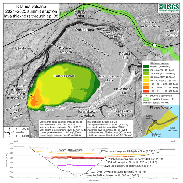 Color map showing lava thickness in crater