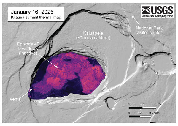 Color map showing temperature of lava on crater floor after recent eruption