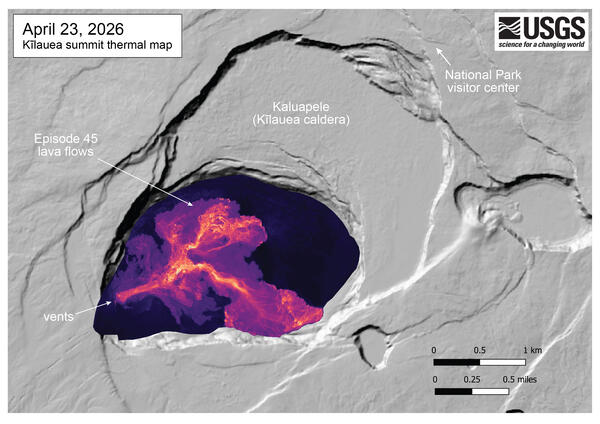 Color map showing the temperature of new lava flows on the floor of a crater shortly after an eruption ended
