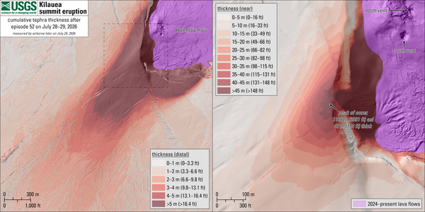 Color maps showing the thickness of a volcanic deposit