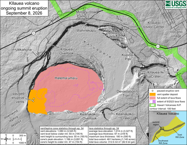 Color map of caldera at summit of volcano where recent eruption occurred