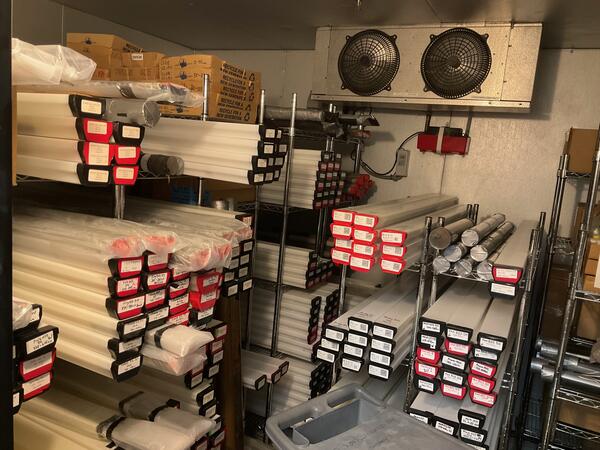 Shelves in the USGS Quaternary Lab Facility stacked with lake sediment cores