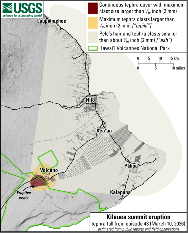 Color map of tephra fallout associated with a volcanic eruption