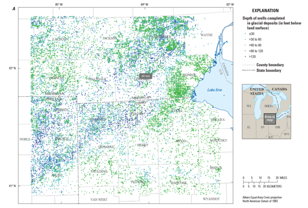 Description: Maps showing the distribution of wells completed in glacial deposits used to create maps of hydrogeologic information and a three-dimensional volumetric model for the glacial deposits.