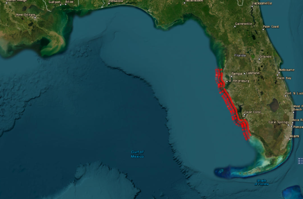 Screenshot of the USGS Coastal Changes Hazards Portal, showing the forecasted coastal change along Florida's Western coast.