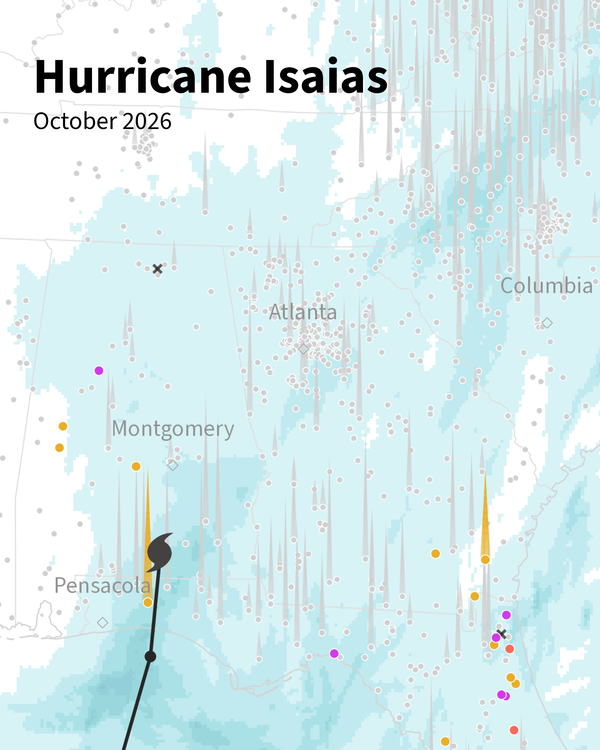  Map tracking Hurricane Isaias across the Gulf Coast and Southeast U.S. from October 7 through October 12.