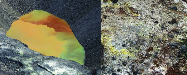 Color photographs of orange and brown water lake and alteration minerals