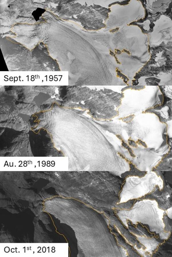 Time series imagery (1957, 1989, 2018) shows the progressive disconnection of tributary branches from Lemon Creek Glacier.