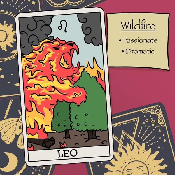 A tarot card for Leo represented by a lion made of wildfire bearing down on a forest.