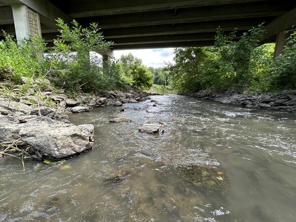 View of stream under highway overpass
