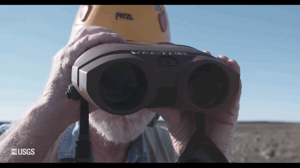 Animated GIF of a scientist looking back and forth with a range finder.