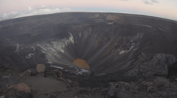 Animated GIF showing rockfall into crater lake