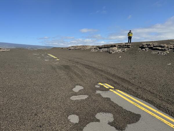 Color photograph of scientist standing near road