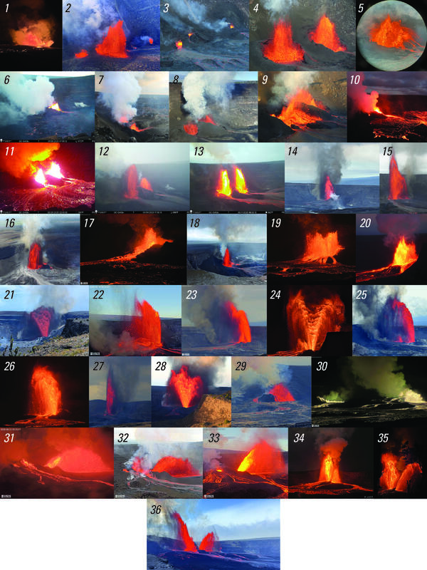 Color graphic with 36 smaller images of volcanic eruptions